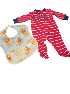 Red & White Striped Baby Footed Sleeper with Winnie the Pooh Bib